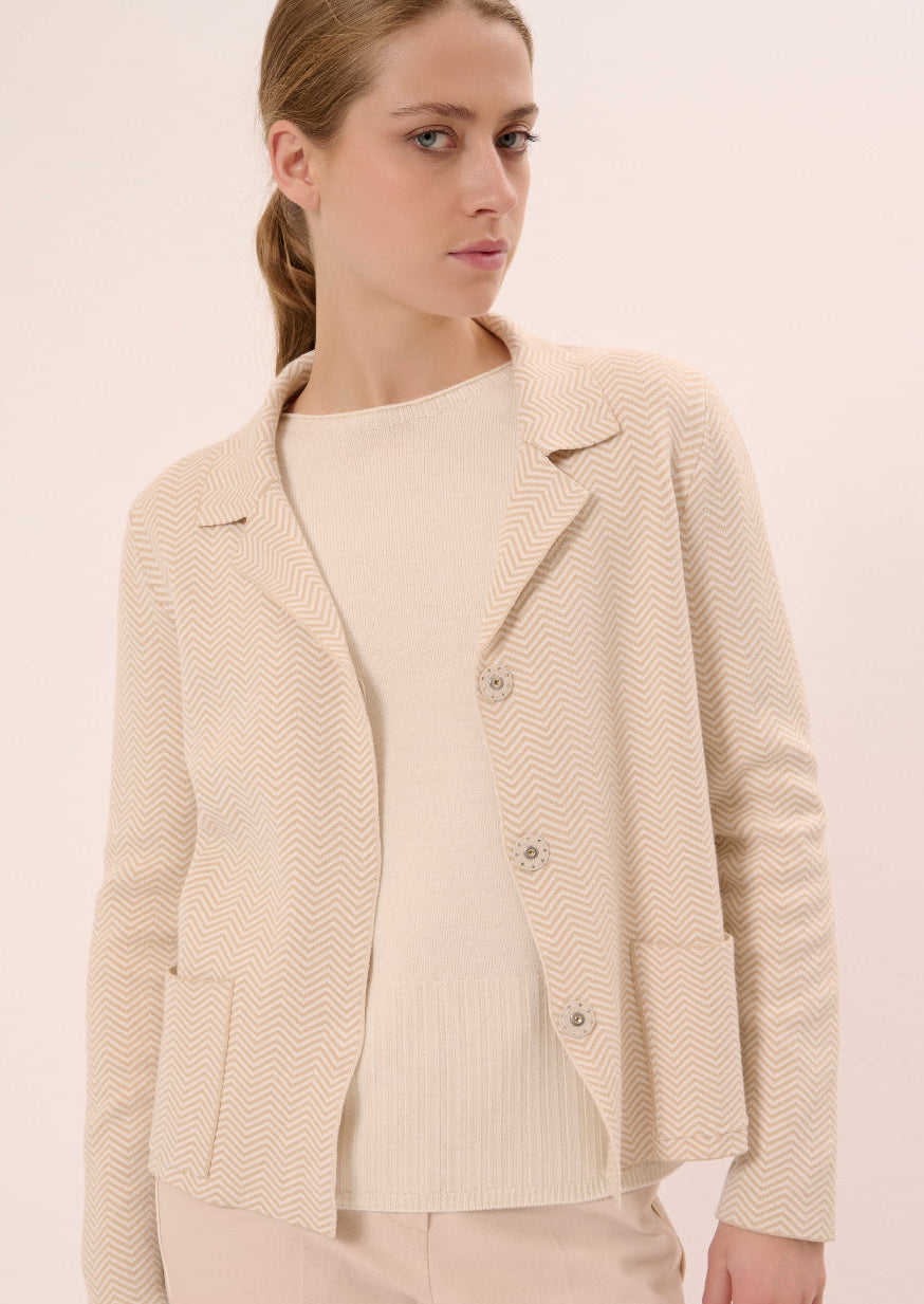 BLUBIANCO Giacca Donna Corta in Maglia, Col. Beige e Bianco