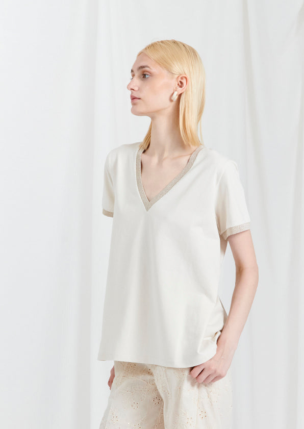 BLUBIANCO T-Shirt Donna in Cotone, Manica Corta, Scollo a V, Col. Beige e Laminato Oro