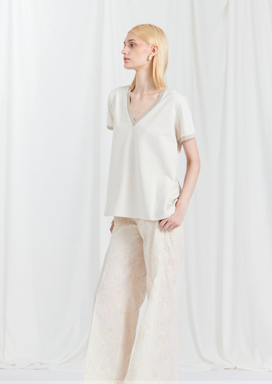 BLUBIANCO T-Shirt Donna in Cotone, Manica Corta, Scollo a V, Col. Beige e Laminato Oro