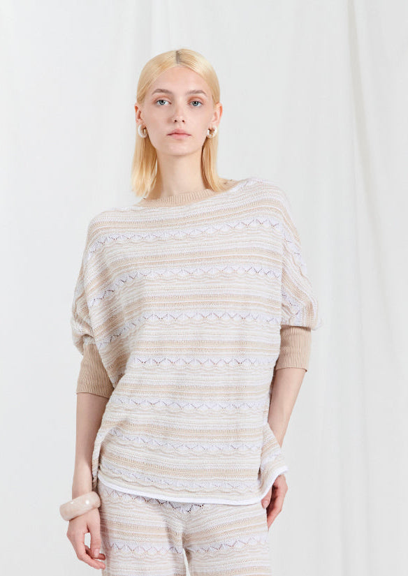 BLUBLIANCO Maglia Donna in Cotone, Manica 3/4, Scollo Barchetta, Filato traforato, Col. Beige e Bianco
