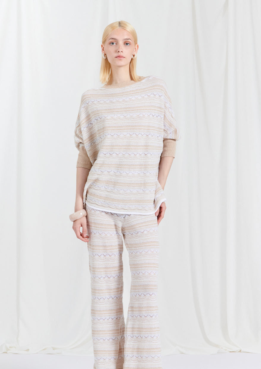 BLUBLIANCO Maglia Donna in Cotone, Manica 3/4, Scollo Barchetta, Filato traforato, Col. Beige e Bianco