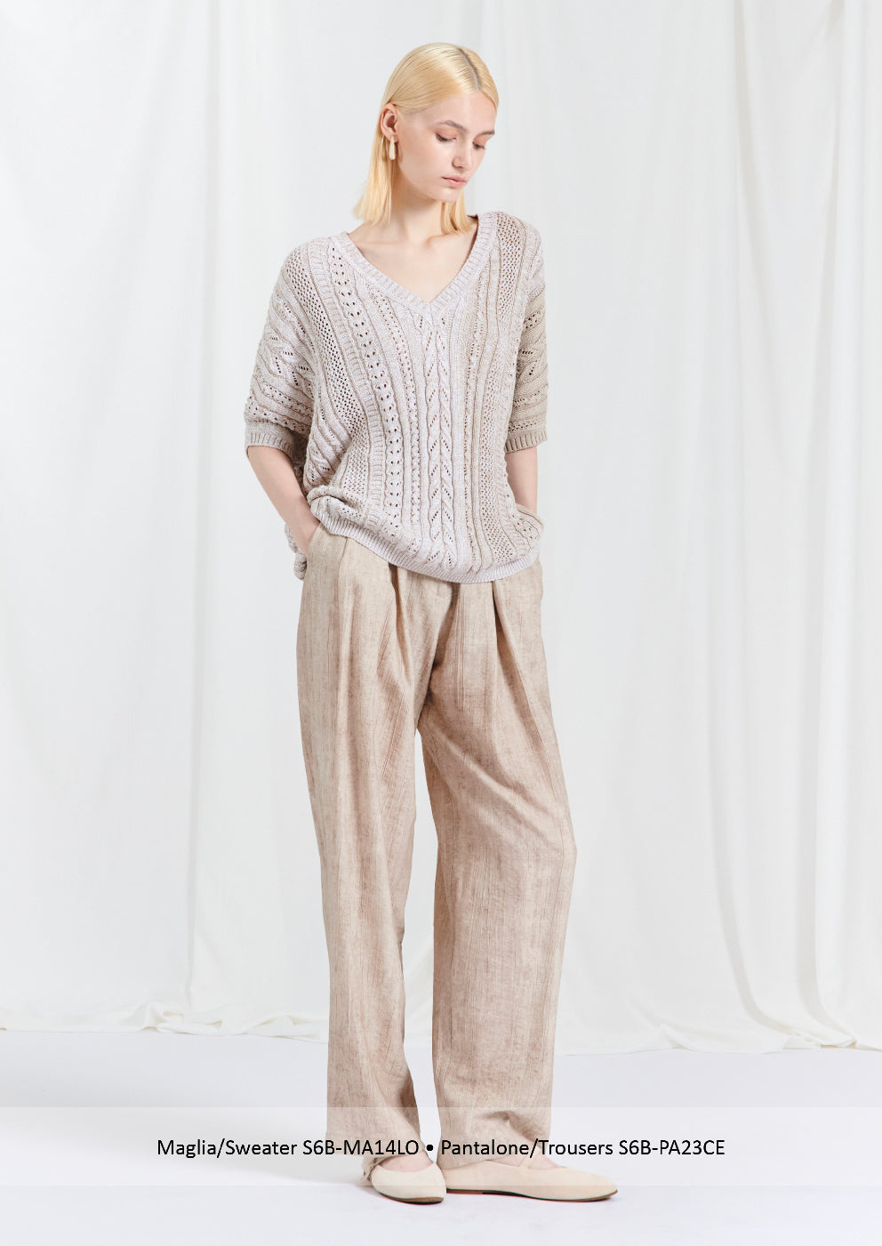BLUBIANCO Pantalone Donna Gamba Larga con elastico in Vita, Col. Beige