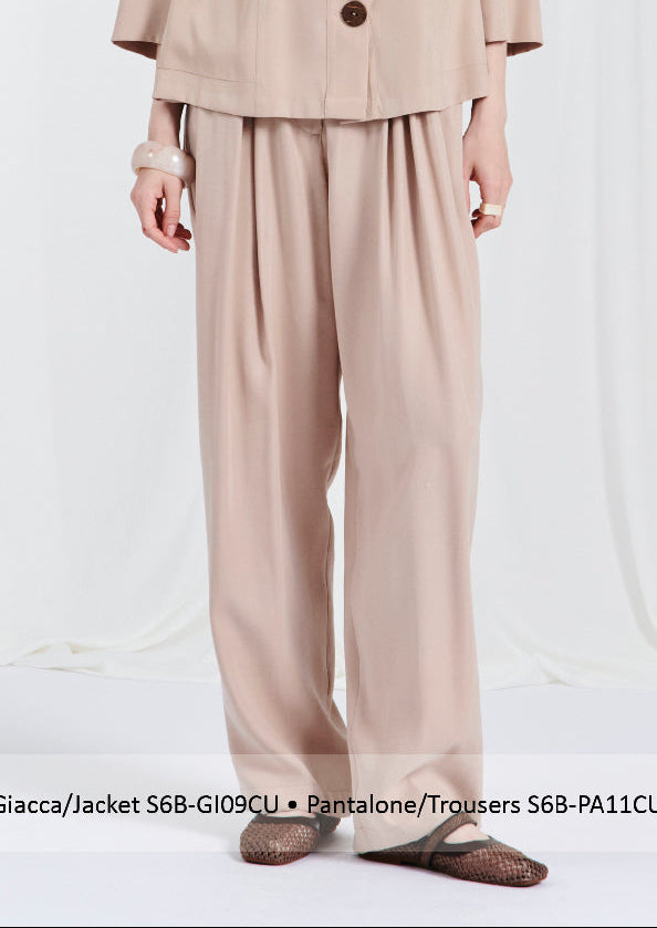 BLUBIANCO Pantalone Palazzo Donna in Tessuto Fluido con elastico e pence, Col. Beige