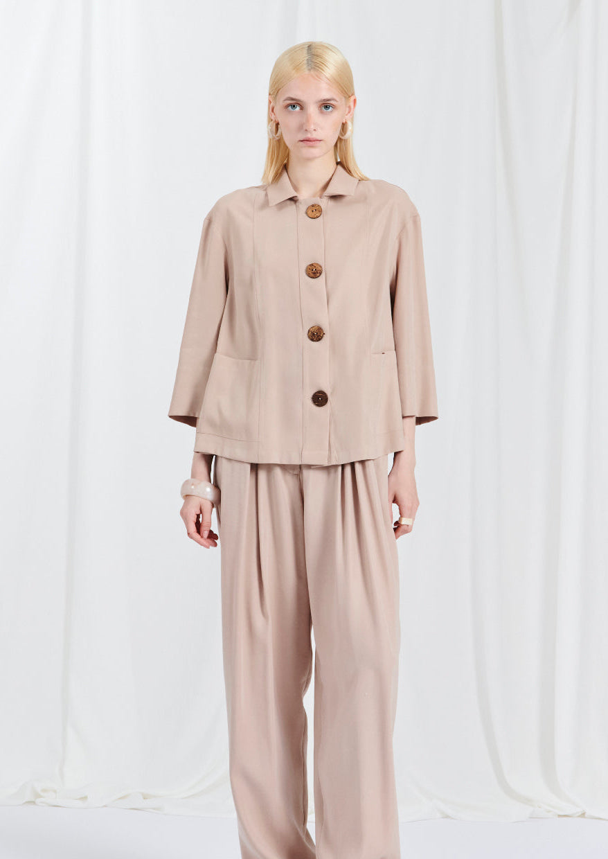 BLUBIANCO Pantalone Palazzo Donna in Tessuto Fluido con elastico e pence, Col. Beige