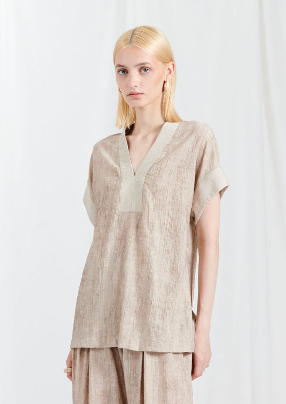 BLUBIANCO Maglia Blusa Donna Manica Corta scollo a V, Col. Beige