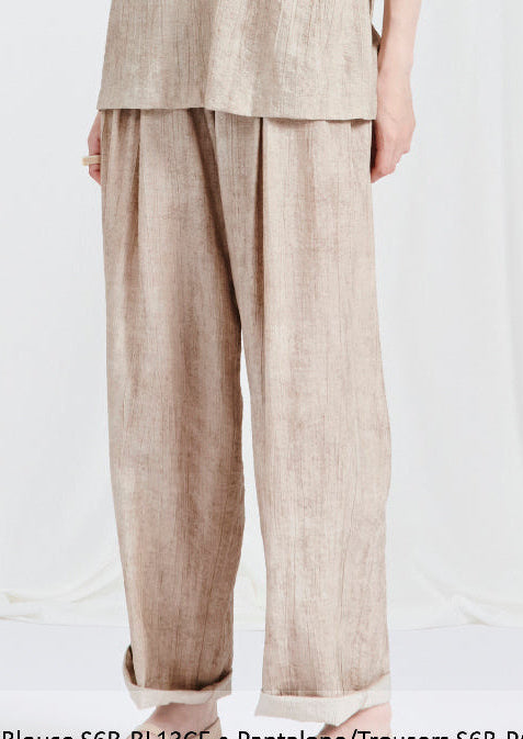 BLUBIANCO Pantalone Donna Gamba Larga con elastico in Vita, Col. Beige