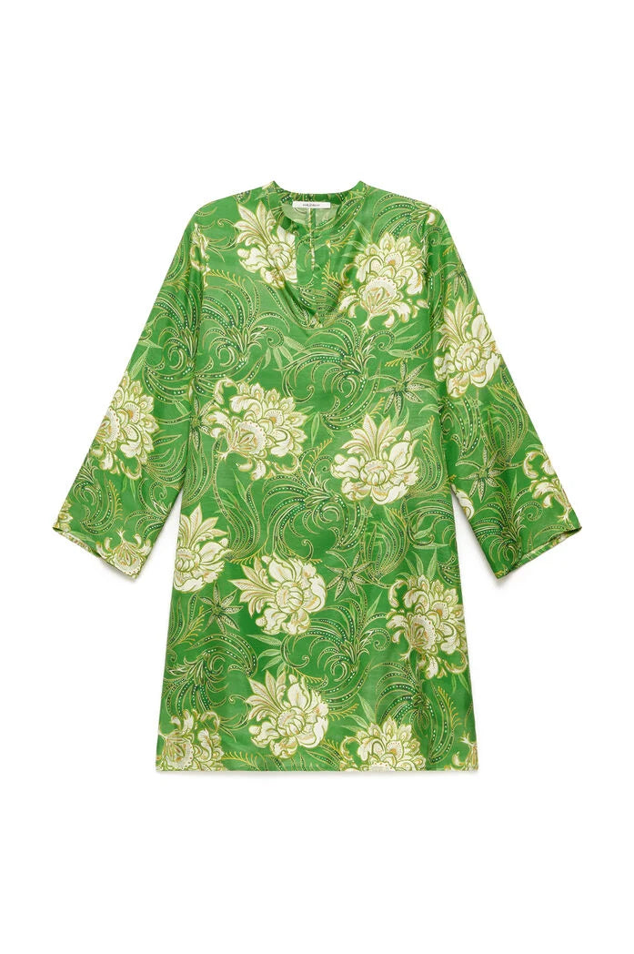 MALIPARMI - Abito Caftano con Fiori in Seta Verde