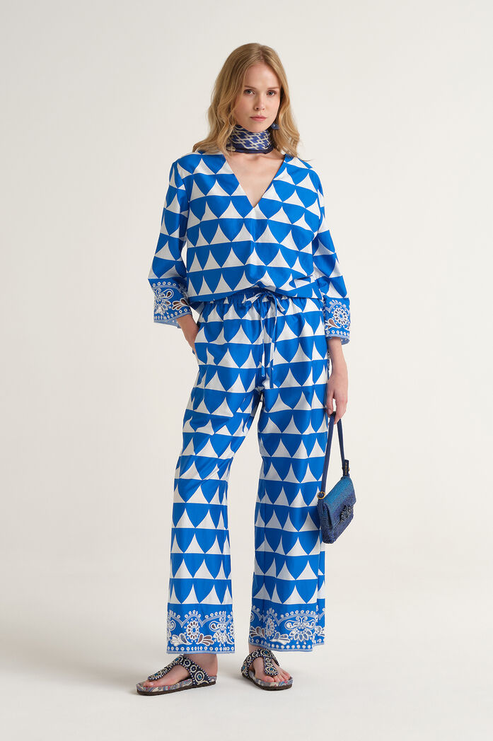 MALIPARMI - Pantalone Optical in Cotone Blu Bianco con Ricami Sangallo