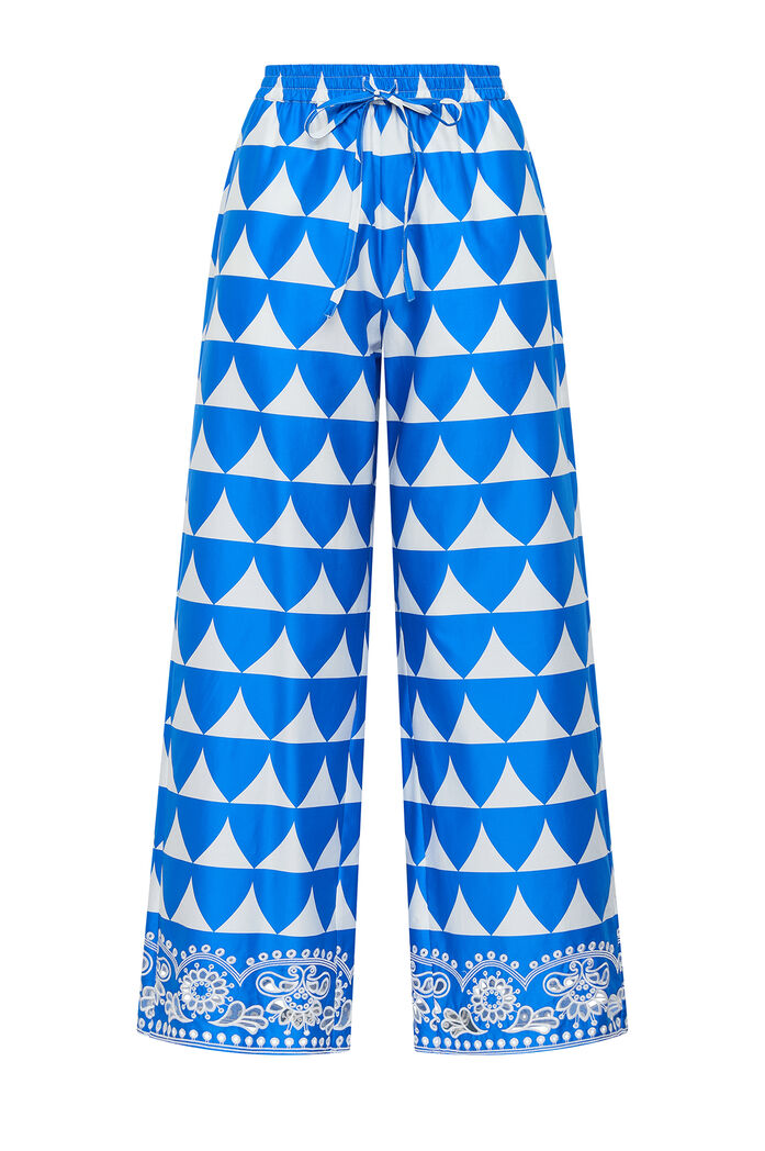 MALIPARMI - Pantalone Optical in Cotone Blu Bianco con Ricami Sangallo