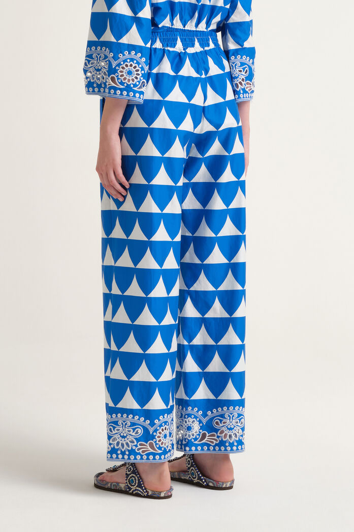 MALIPARMI - Pantalone Optical in Cotone Blu Bianco con Ricami Sangallo