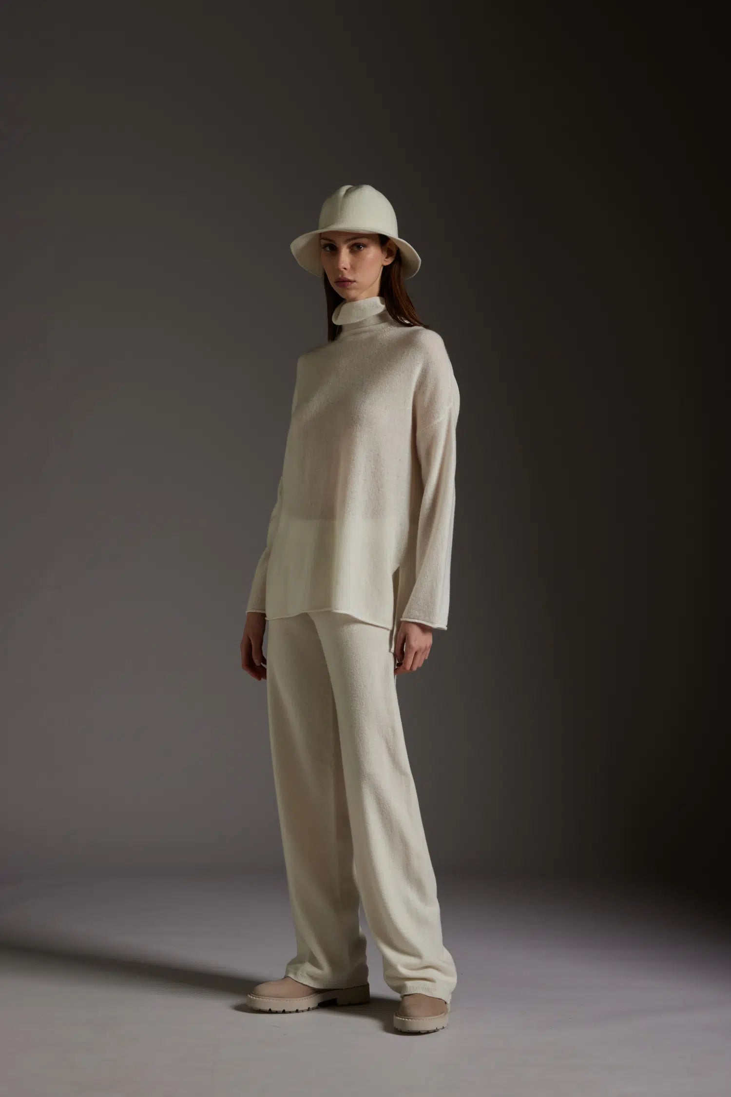 KANGRA Pantalone Donna Palazzo in Lana e Cashmere, Colore Panna