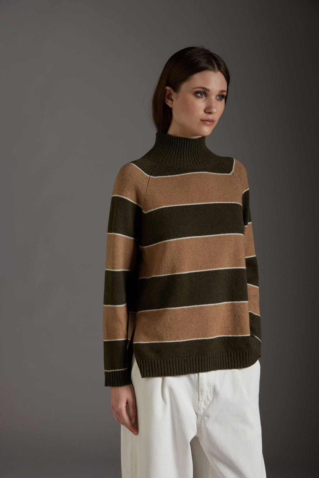 KANGRA Maglione Collo Alto Rigato in Lana e Cashmere